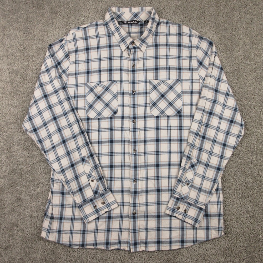 Travis Mathew Shirt Mens XL Cream Plaid Twill Flannel Cotton Viscose Button Up